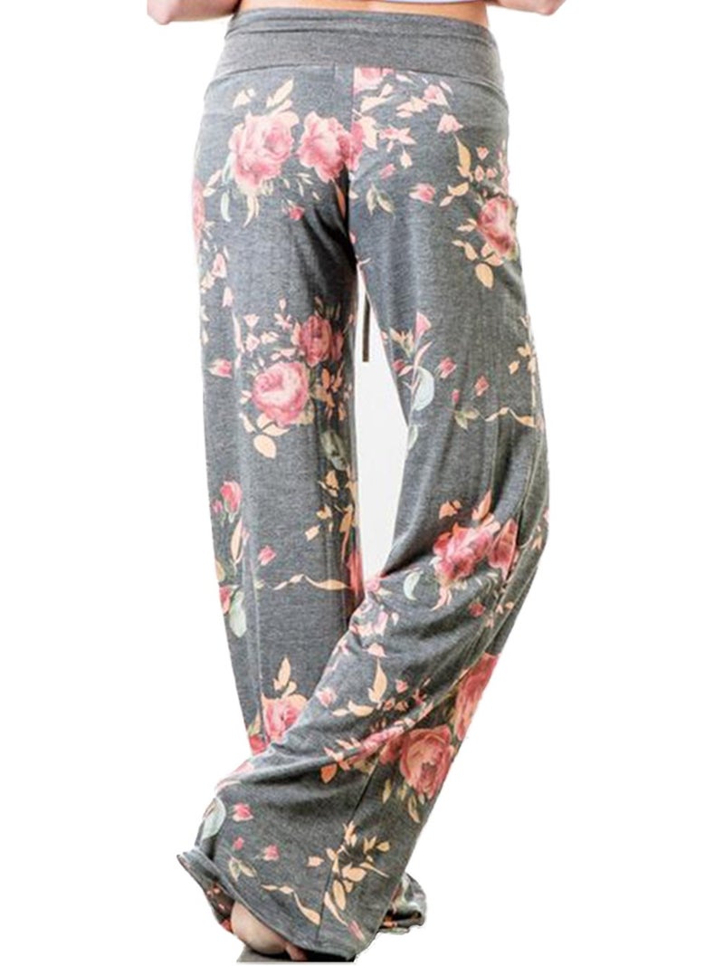 iChunhua Women's Comfy Stretch Floral Print Drawstring Palazzo Wide Leg Lounge Pants(L,Grey) - Image 2